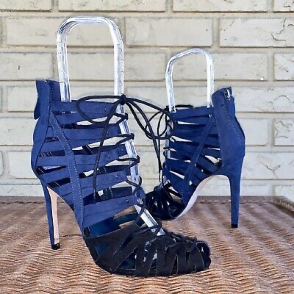 Zara Blue Black Suede Lace Up Gladiator Heels